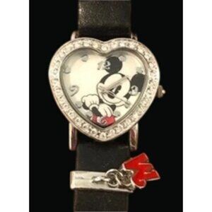 Mickey Mouse Heart-Shaped Wristwatch Rhinestones & Black Leather Band * C04-p